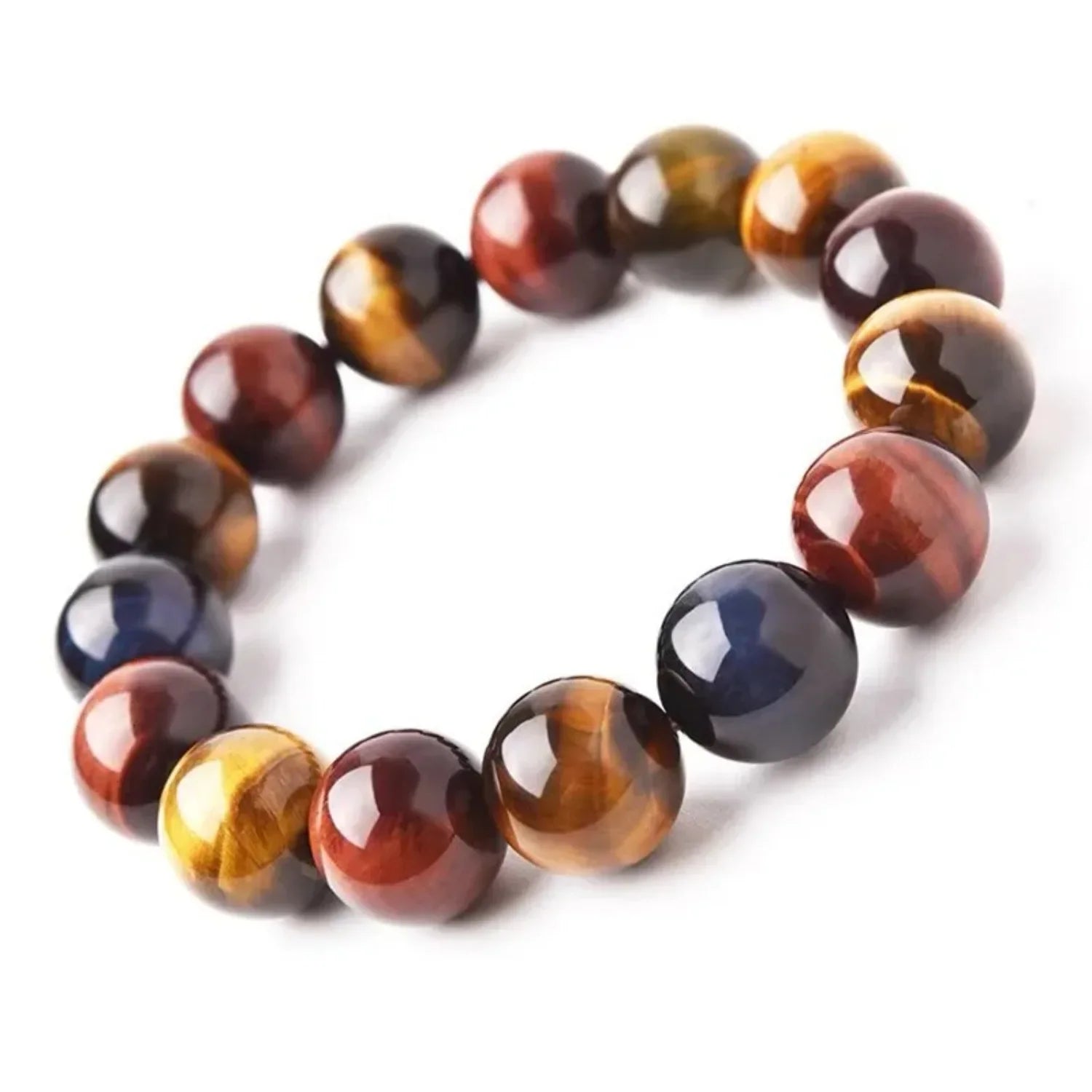 Natural triple tiger eye gemstone bracelet on white background with polished round crystal beads.