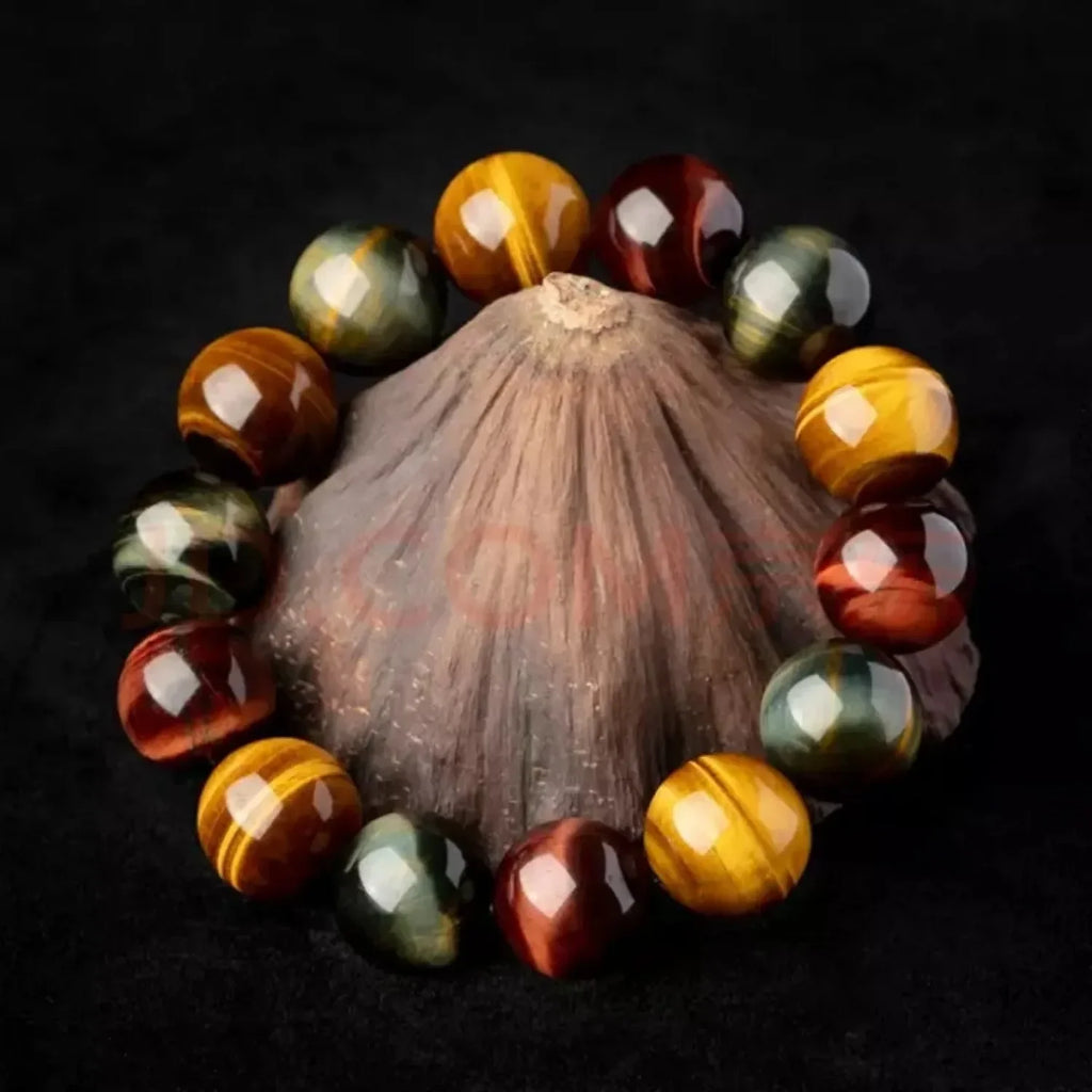 Triple tiger eye gemstone bracelet displayed on natural shell with dark spiritual jewelry aesthetic and grounding energy style