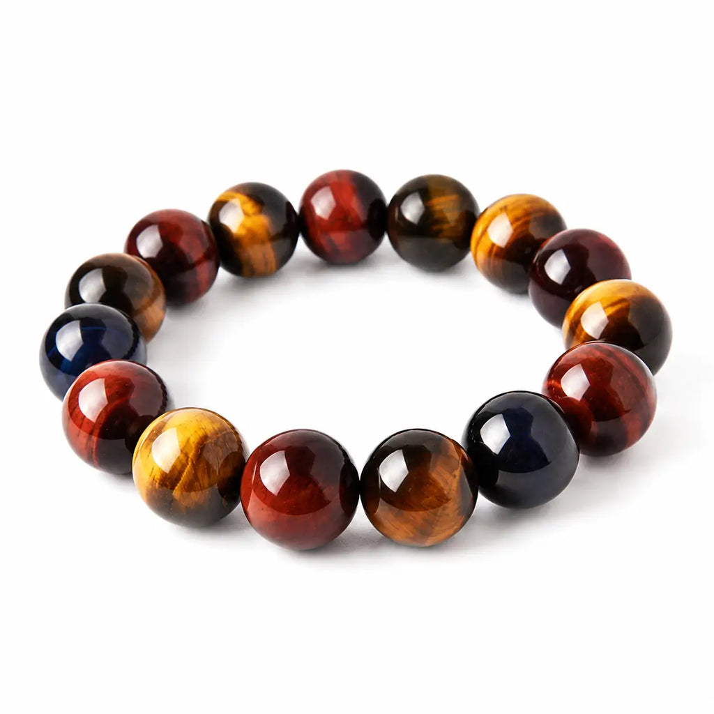 Triple tiger eye beaded bracelet clean studio product shot for men and women.